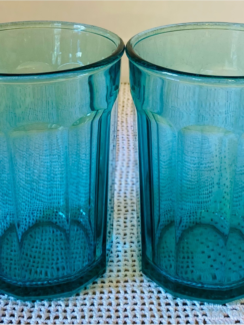 Large Luminare Teal Glass Tumblers Set Of 2 Made In France Ribbed Finish - NICE - Picture 2 of 9